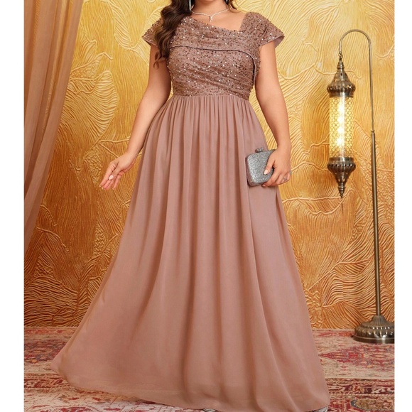 Plus Dusty Pink Sequin Flowy High Waisted Party Formal Wedding Dress - Picture 1 of 11
